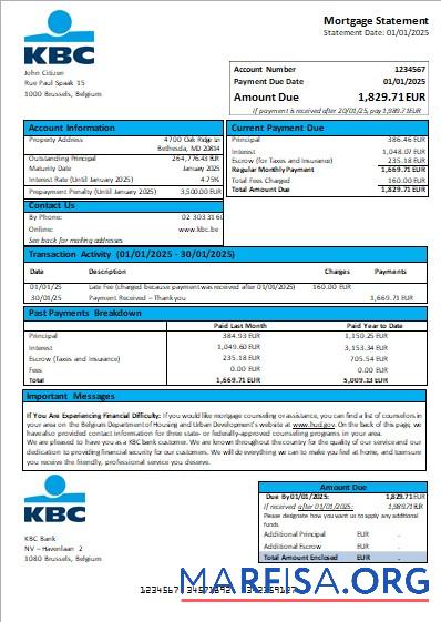 Realistic Belgium KBC bank mortgage statement scr template
